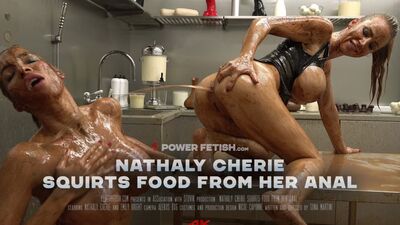 Nathaly Cherie's milky anal squirt after an enema and chocolate play