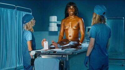 Ebony vampire Ana Foxxx has lesbian sex with two nurses in the morgue